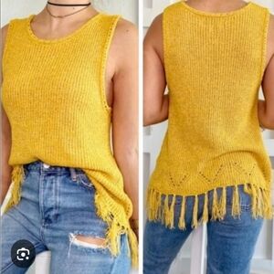 Pepin Anthropologie Mustard Yellow Fringe Knit Tank Top Sweater Pullover